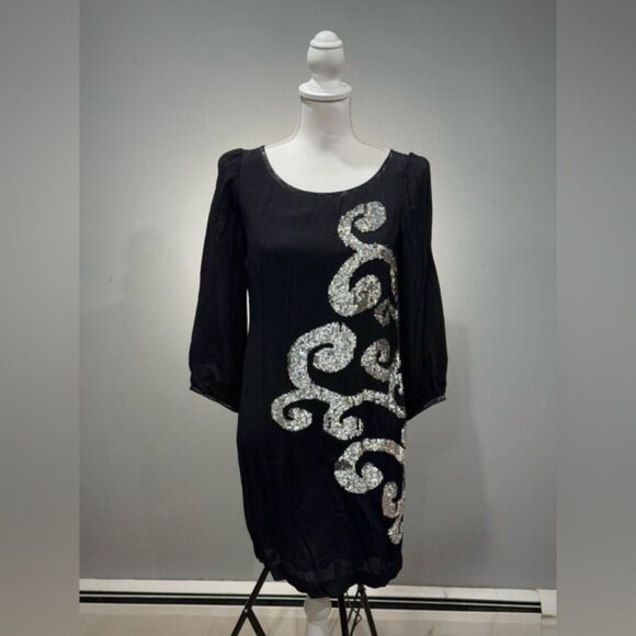 SALE! Black Yoana Baraschi Silver Sequin Swirl Dress Size 4 VGUC - Picture 1 of 8